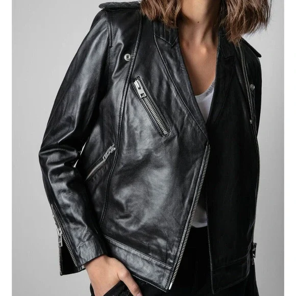 Zadig & Voltaire Loon Spi Biker Jacket Womens Small Black Lamb Leather‎ NWT - Picture 2 of 16